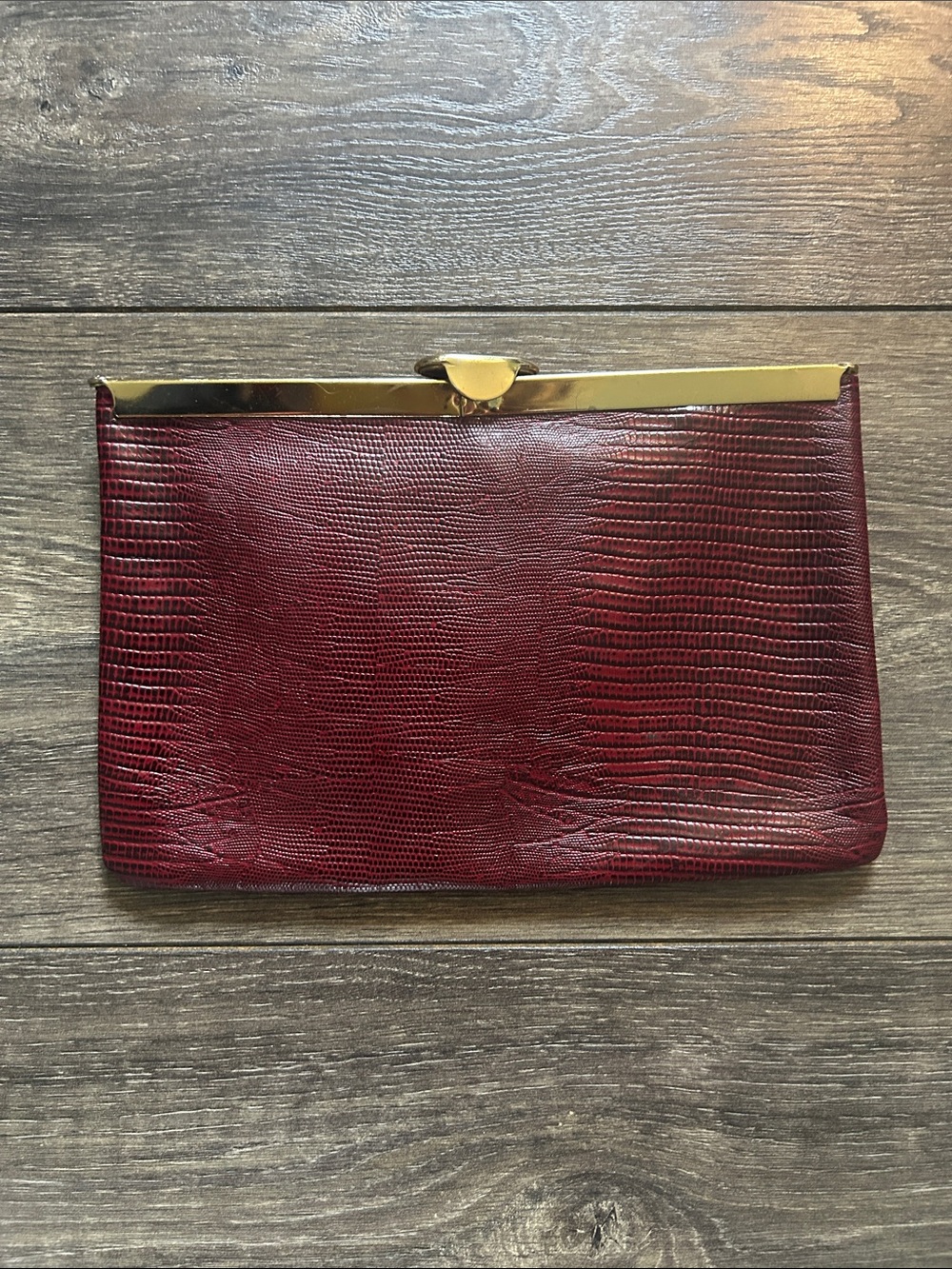 Vintage Lizard-Textured Burgundy Frame leather Clutch with Gold Trim